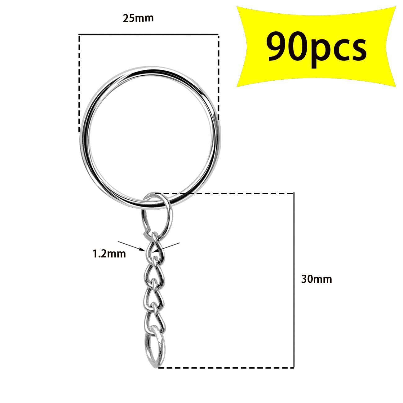 90 Portachiavi Con Catena In Metallo - Anelli Divisori Argento 25mm