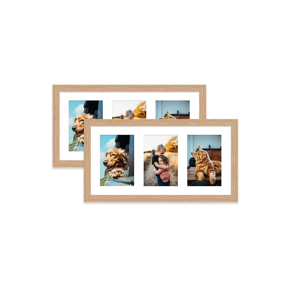 Oak Multi Photo Frame - Holds 3 x 6x4 Pictures, Family Collage Picture Frame for Wall Display, 8x16 Panoramic Frame Size, Set of 2 โ image 1