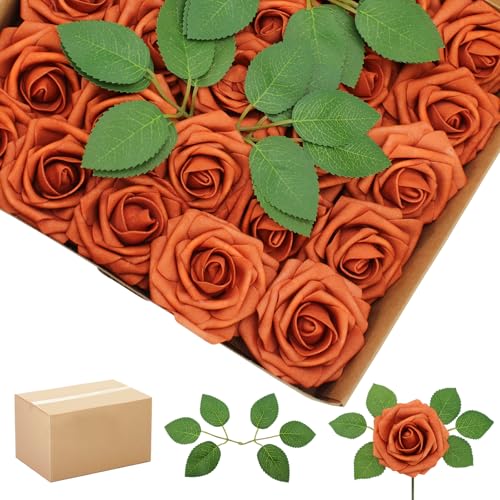 WANTMAZOR 100PCS Burnt Orange Realistic Roses - Artificial Latex Foam Flowers with Bendable Stems & 24PCS Leaves for Wedding Home and Party DIY Decor