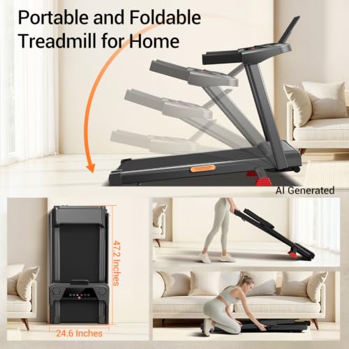 Image of 16% Incline Treadmill with Handle,Foldable Treadmills for Home | 3-in-1 Portable Treadmill, Triple-Screen Console,3.0HP Brushless,300 LBS Capacity,Home Office Gym,LED Display
