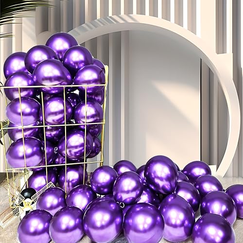 Image of Firomi Metallic Chrome Purple Balloons 5-inch 100 Pack (with 2 Ribbons) | Helium Small-Medium Shiny Round Purple Thicken Latex Balloon for Wedding Birthday Party