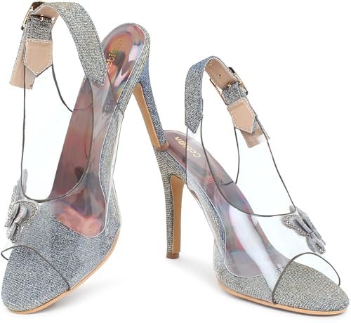Image of Action Women's Butterfly Embellished Clear Stiletto Sandals| Gold Glitter Heel| Golden
