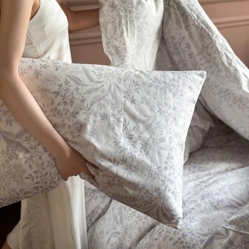 Vclife Luxury Grey White Flower Printed Duvet Cover Queen Size Comfortable Breathable Cotton Comforter Cover For Adults 3 Pcs Garden Vintage Style Bedding Sets With Zipper Closure 90 Inchx90 Inch thumb #6