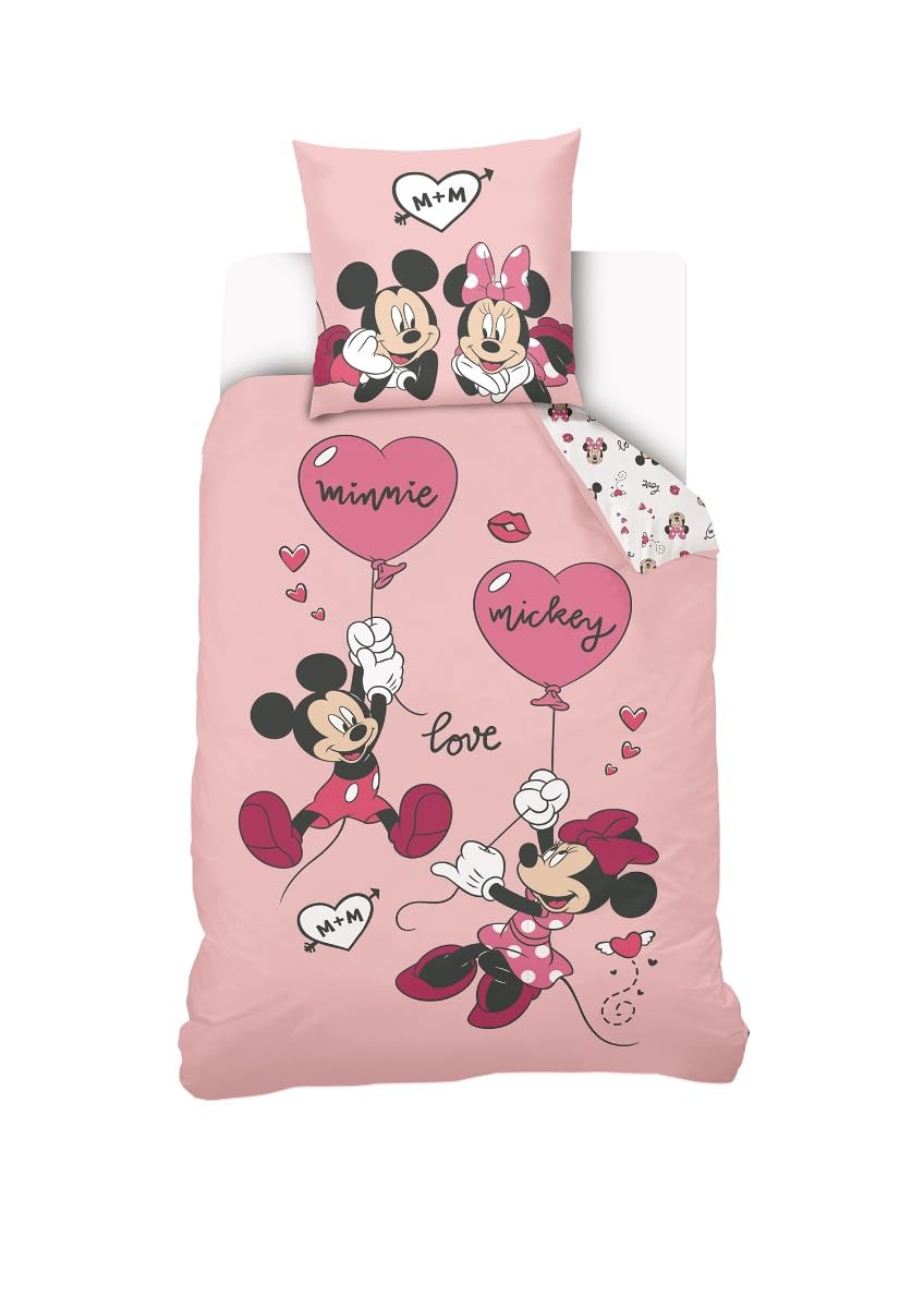 Parure Mickey et Minnie pour lit fille avec housse de couette 140x200 rose en coton