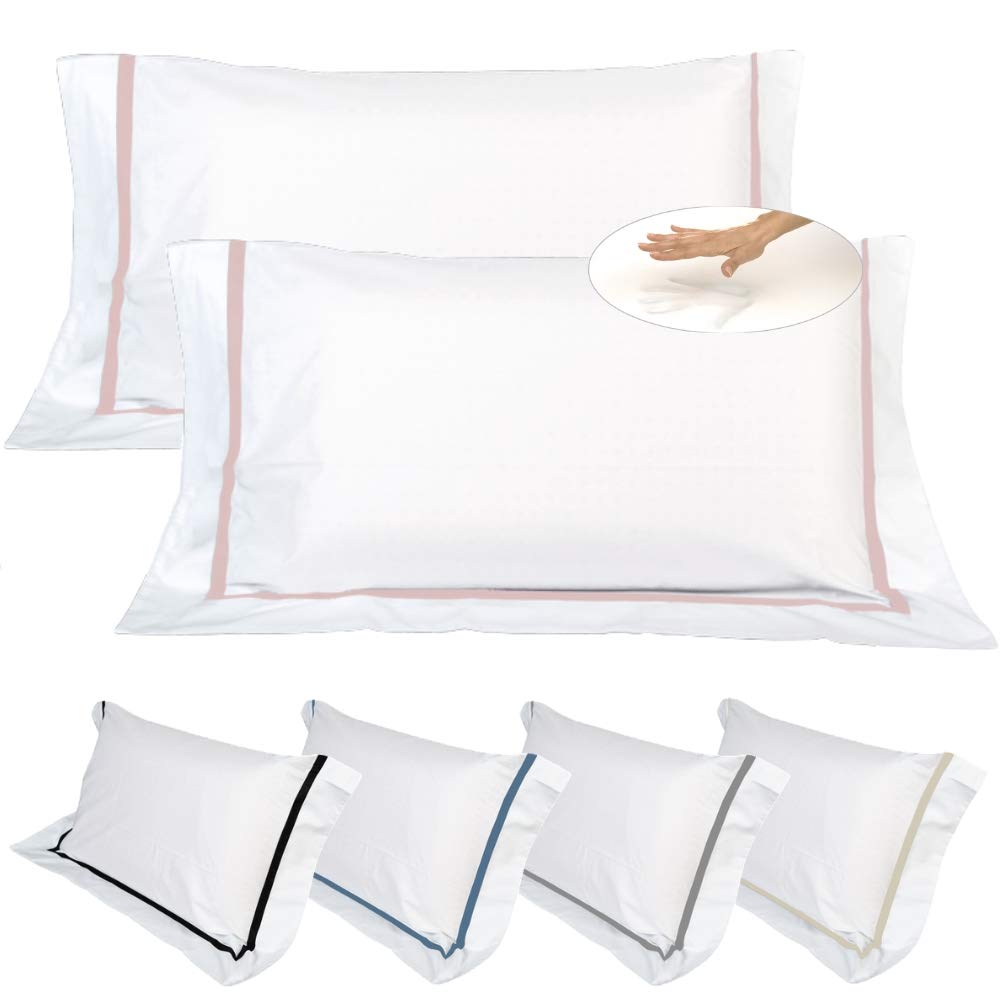 EVERGREENWEB - Cuscini Letto Coppia 100% Memory Foam alti 18 cm con Elegante Set di 4 Fodere GRATIS in Morbido Cotone Bianco + Balza e Riga Rosa, 2 Guanciali per dolori CERVICALI in Schiuma Ergonomica