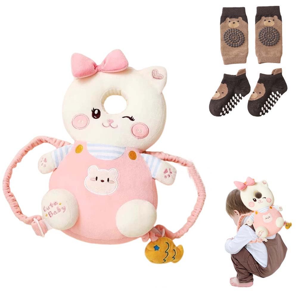Bambebe Protezione Testa per Neonato Morbido Cuscino Anticaduta Bambino Proteggi Testa Bambini Regolabile Zaino Salva Testa Neonati Caschetto Primi Passi Zainetto Anticaduta Bambini(Gatto)