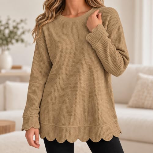 Waffle Knit Tops For Women Plus Size Long Sleeve Tunic Scalloped Sweatshirt - image 2