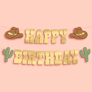 xo, Fetti Western Happy Birthday Gold Foil Banner - 5 Ft. | Cowboy HBD Decorations, Wild West Garland, Rodeo Supplies, Wil...