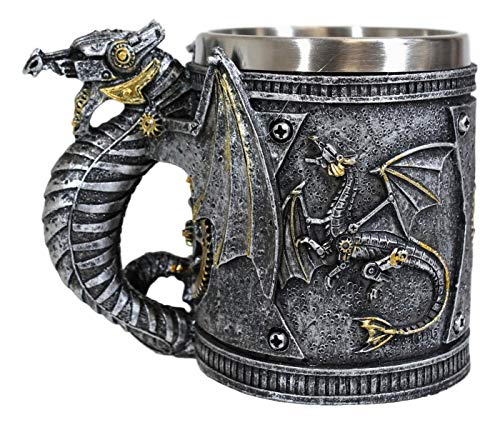 Ebros Gift Steampunk Nightcrawler Silver Firewheel Cyborg Dragon Beer Stein Tankard Coffee Cup Mug Dungeons And Dragons Industrial Sci Fi Mugs