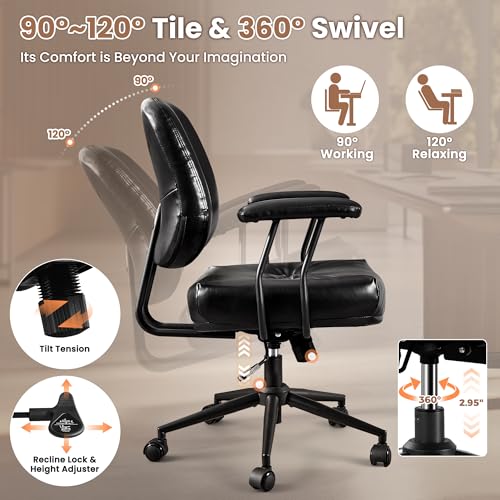 Image of ovios Ergonomic Office Chair, Mid Back Faux Leather Executive Chairs with Thick Cushion, Comfy Mid-Century Modern Swivel Rolling Computer Armchair (Black, PU Leather)