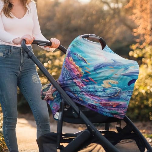 Image of Youngerbaby Dolphin Turtle Baby Car Seat Covers Nursing Cover Breastfeeding Soft Infant Carseat Canopy,Stretchy Breathable Cover for Stroller High Chair Shopping Cart Canopies