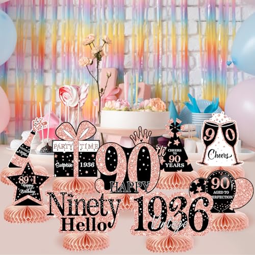 Image of 9Pcs 90th Birthday Decorations Honeycomb Centerpieces for Women, Rose Gold Pink Happy 90th Birthday Centerpieces Tables Toppers Party Decorations Supplies, Vintage 1936 Aged Table Decor