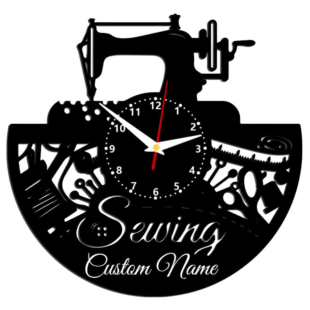 JeathFea Sewing Machine Themed Wall Clock - Wooden Record Wall Art - Home Office Decoration Gift for Tailor, Needlewomen, Dressmakers