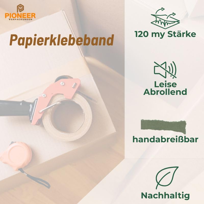 Pioneer Papierklebeband 50mm x 50 m Braun 130 my Rolle Paketband aus Kraftpapier Umweltfreundlich Packband Recycelbar (36)