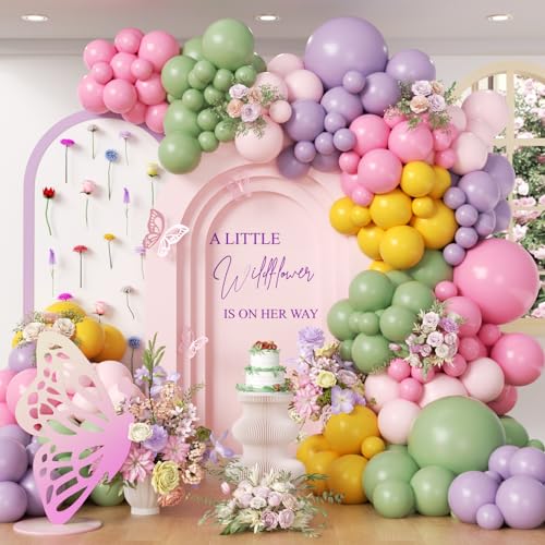 131pcs Wildflower Floral Balloon Arch Garland Kit with Purple Dusty Pink Sage Green Light Pink Mustard Yellow Latex Balloons for Baby in Bloom Wildflower Graden Baby Shower Party Decorations