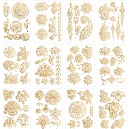 12 Sheets Glitter Gold Temporary Tattoo Stickers, Art Paint For Women Adult Girls, Fake Tattoos That Look Realistic And Long Lasting, Waterproof Fake Tattoo Stickers (Gold)