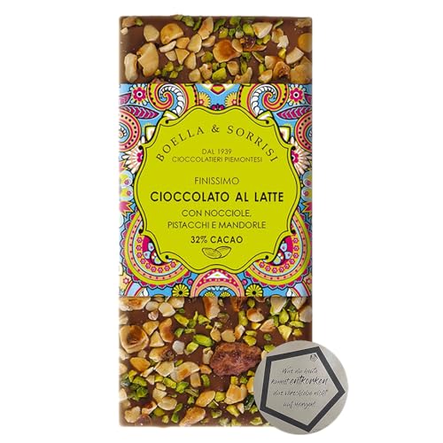 1 Packung | Boella & Sorrisi Tavoletta al latte con nocciole - Vollmilchschokolade mit Nussmischung 100 g inkl. LOVEVINO Silver Button Sticker