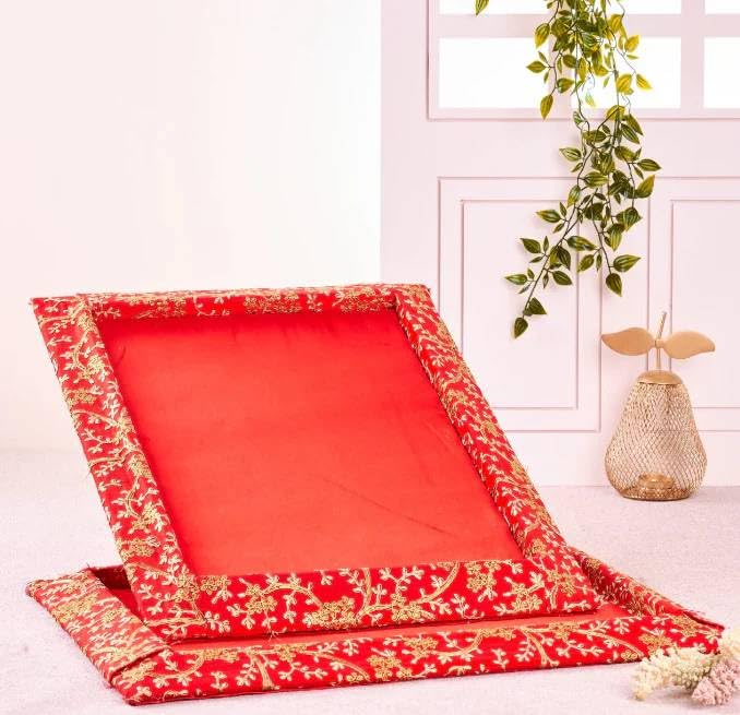SHAKTISM Decorative Gifting Tray with Net Cover, Premium Fabric Wrapped Gift Platter for Wedding, Dry Fruit, Pooja & Return Gift Tray, Embroidery Traditional Hamper Tray (Tray Medium) 1