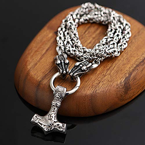 Thor's Hammer Pendant Double Dragon Head Byzantine Chain Necklace for Men,Handmade Norse Viking Mixed Gold Mjolnir Amulet Scandinavian Celtic Pagan Jewelry3