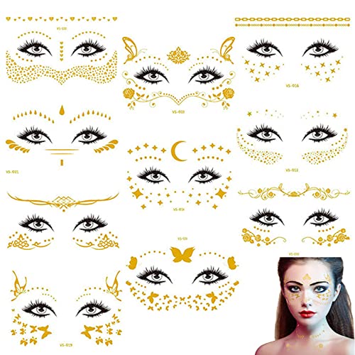 10 Stück Tattoo Sticker, Face Tattoo Gesicht Aufkleber, Wasserdichte Metallic Tätowierung,Metallic Flash Tattoos, Für Party Festival Shows Party Shows Make-Up Mädchen Körperkunst Cover