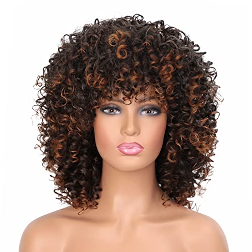 YEESHEDO Afro Curly Wig with Bangs Dark Brown Mixed Blonde Wigs Kinky Curly Brown Highlights Heat Resistant Synthetic Shoulder Length Wig for Women Full Wigs for Daily Cosplay Halloween - Image 3