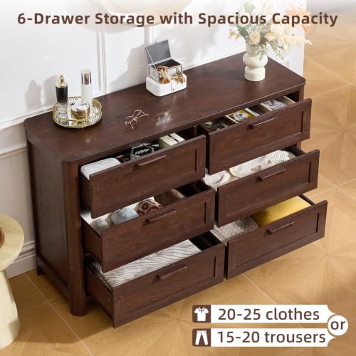 Image of Joaxswe Farmhouse 6 Drawer Dresser for Bedroom, Horizontal Dressers with 6 Deep Drawers & 4 Thickened Table Legs & Round Table Corner, Walnut