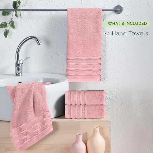 Image of Elegant Comfort 100% Turkish Cotton 4 Lines Viscose Stripe Luxury 4 Pack Hand Towel Set - Ultra Absorbent and Soft 16 x 28 Inch Premium Hotel Spa Quality Towels for Everyday Bath Use, Dusty Rose