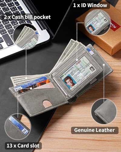 Image of Artpaxy Mens Wallet Bifold Genuine Leather RFID Blocking Wallet for Men with 1 ID Windows 13 Card Holders 2 cash pockets 1 Gift Box