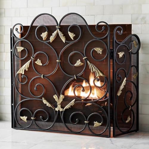 Pantalla de chimenea decorativa con malla fina y tres paneles negros para salones exclusivos