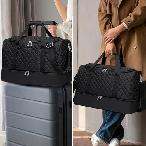 Travel Weekender Bag Duffle Carry On Bags Set 42L Duffel Overnight Tote with Shoe Compartment 3Pcs for Women Men Gym Airplane Trip with Fanny Pack & Makeup Bag(Black- Quilted)2