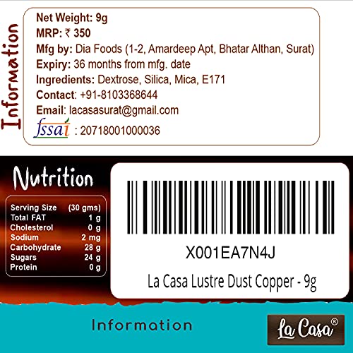 Image of La Casa Premium Edible Lustre Dust - Bright Copper | Pack of 2 | Pearl Dust Ideal for Cake Icing Decoration & Garnishing | 2x9gm |