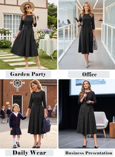 Image of VFSHOW Womens Work Business Casual Church Pockets Belted A-Line Midi Dress