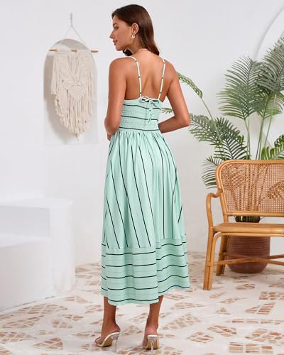 Image of Fashionme Womens Summer Maxi Dresses 2026 Trendy Striped Vacation Boho Beach Spaghetti Strap Sundress Back Tie with Pockets
