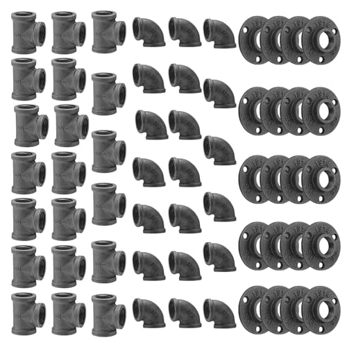 Home TZH 1/2" Floor Flange/Elbow/Tee Combo, 60 Pack Pipe Fitting for Industrial vintage style, DIY Project/Furniture/Shelving Decoration (60, 1/2 Inch)