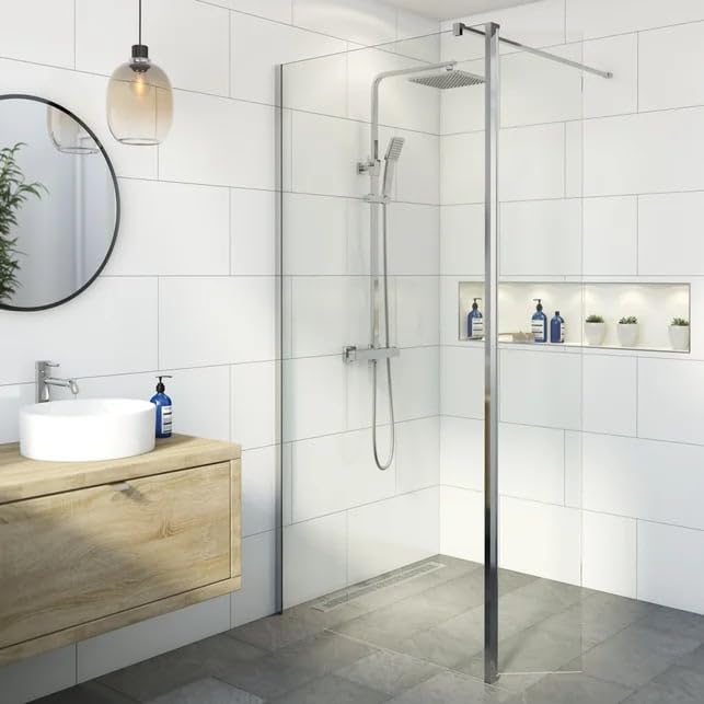 BAYSTONEยฎ 760mm Wet Room Shower Screen Panel 8mm Toughened Safety Easy Clean Glass Walk in Shower Enclosure + Hinged Return Panel, Frameless, Chrome