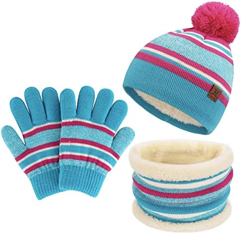 Kids Toddlers Winter Knit Warm Beanie Hat Scarf Gloves Set for Boys Girls Age 2-7, Pompom Cap Neck Warmer Gloves Fleece Lined
