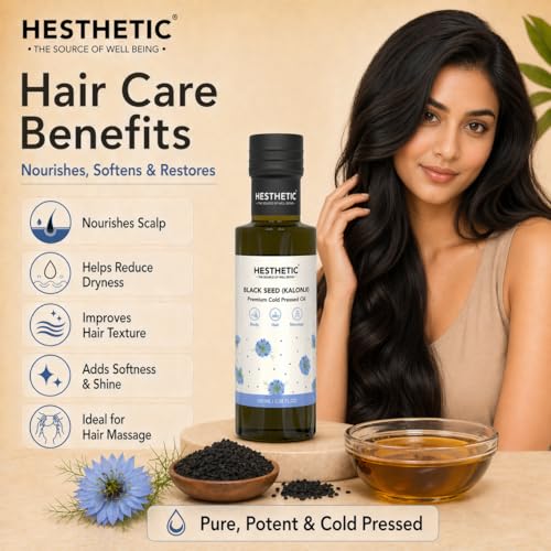 Image of HESTHETIC Cold Pressed Black Seed Oil 100ml for Hair, Skin & Scalp | Pure Kalonji (Nigella Sativa) Beauty Oil - Thymoquinone Rich | Glass Bottle | Pre-Wash Ritual & Facial Massage Use