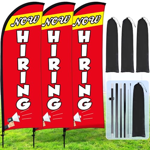 Buryeah 3 Set Now Hiring Feather Flag Kit 7 x 5.4 ft Now Hiring Advertising Banner Feather Flag with Pole Ground Spike and Portable Bag Now Hiring Sign for Estate Flags Business Promotion (Red)
