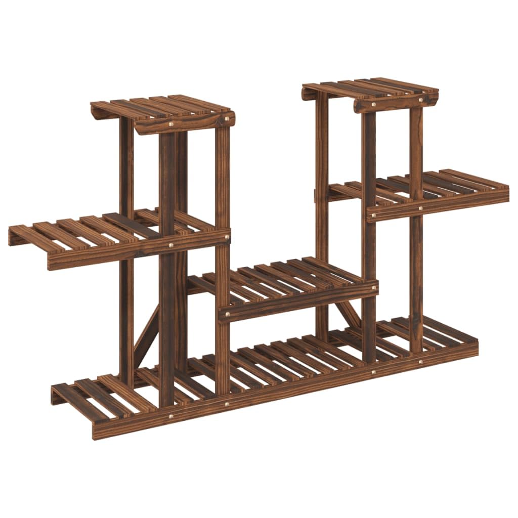 Soporte para flores de madera maciza de abeto, 110 x 25 x 73 cm, estantería para plantas con aspecto carbonizado para salón, balcón, terraza, incluye soporte de pared e instrucciones de