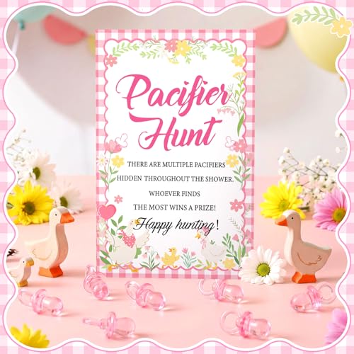Image of Thyle 51 Pcs Pink Silly Goose Pacifier Hunt Baby Shower Games Silly Goose Decorations Include Hunt Sign and 50 Acrylic Pacifiers for Baby Shower Game Decoration Gift Sets Gender Reveal Party Decor
