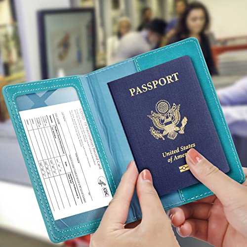 Image of Passport and Vaccine Card Holder Combo with Vaccine Card Slot, Passport Wallet, Passport Cover / Case for Women and Men(AK-turquoise)