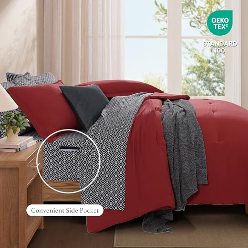 Image of Monbix Full Size Comforter Sets-7 Pieces Soft Bed in a Bag Full Bedding Set | All Season Red Prewashed Comforter Bed Set with Striped Sheets, Pillowcases & Shams