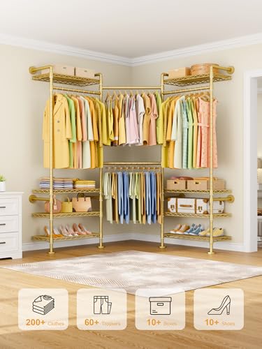 Image of ULIFHOME M6 Clothes Rack for Wall Mounted, Heavy Duty Closet Wardrobe | Wall Mounted Garment Rack with 8 Shelves and 4 Hanger Rods, Clothing Storage Organizer System for Holding 1064lbs, Gold