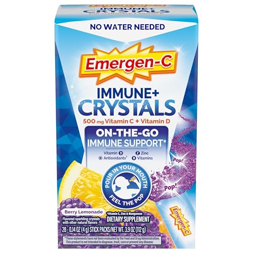 Emergen-C Immune Plus Crystals, On-The-Go Immune Support Supplement with Vitamin C, Vitamin D, B Vitamins, Zinc and Manganese, Berry Lemonade, Back to School Essentials – 28 Stick Packs