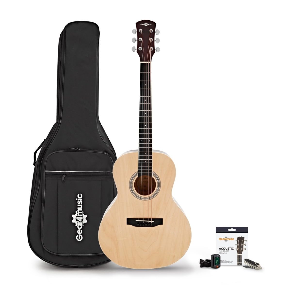 Chitarra Parlour Acustica Mancina e Accessori, Gear4music, Naturale | Corpo Compatto Mancino Ideale per Viaggiare, Tiglio per Toni Chiari ed Equilibrati, Borsa Corde Accordatore, Naturale