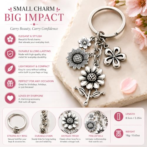 Image of JB'S LAND Floral Charm Keychain Vintage Flower Metal Key Ring for Women | Bag Charm Pendant, Backpack & Car Key Holder, Aesthetic Design, Friendship Gift, For Women & Girls