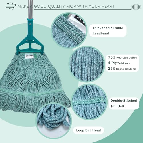 Image of Commercial Cotton Mop Heavy-Duty Industrial with 2 Replacement Heads 152 cm Handle Replacement mop Head (Green)