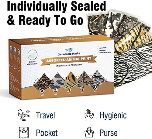 WECARE Disposable Face Mask Individually Wrapped - 50 Pack, Printed Masks - 3 Ply