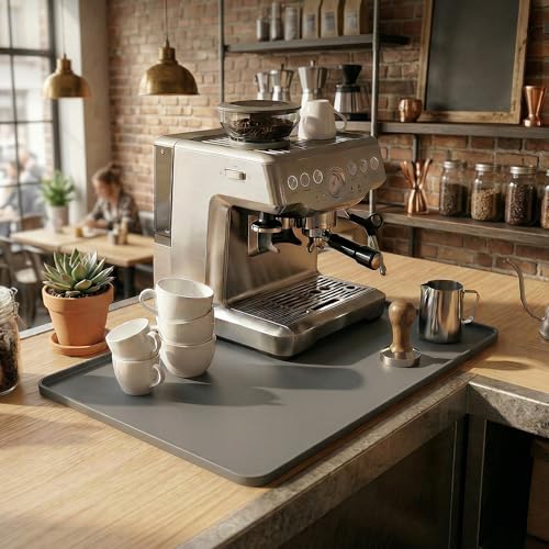Image of Silicone Coffee Mat for Countertop, 24x16 inch - Heat Resistant Espresso Machine Mat with Raised Edge, Non-Slip Waterproof Station Pad, Compact Coffee Bar & Kitchen Accessories - Grey