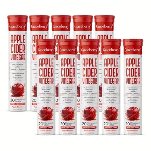 Image of Graceberry Apple Cider Vinegar Effervescent Tablet with Mother- 200 Tablets | 500mg ACV For Metabolism, Weight Management | Pomegranate & Moringa, Vit B6 & B12 | No Added Sugar | Pack of 10